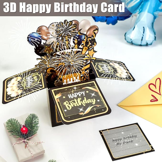 Surprise Pop Up Happy Birthday Cards, Lovely 3D Birthday Card for Adults and Kids with Envelopes, Unique Design Handmade Foldable Greeting Cards for Daughter, Son, Mom, Dad, Friend（Black）