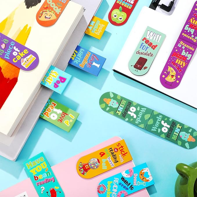 48 Pack Scented Bookmarks Magnetic Scratch and Sniff Bookmarks Fruit Food Bookmarks for Kids Cute Bookmarks with Sayings Christmas Bookmarks for Kids Students Teens Teachers (Mixed Flavor)
