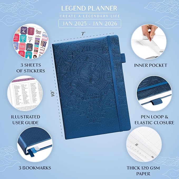 Legend Planner PRO Dated Jan 2025-Jan 2026 – Deluxe Weekly & Daily Organizer with Time Slots. Appointment Book Journal for Work & Time Management, A4 Hardcover (Mystic Blue)