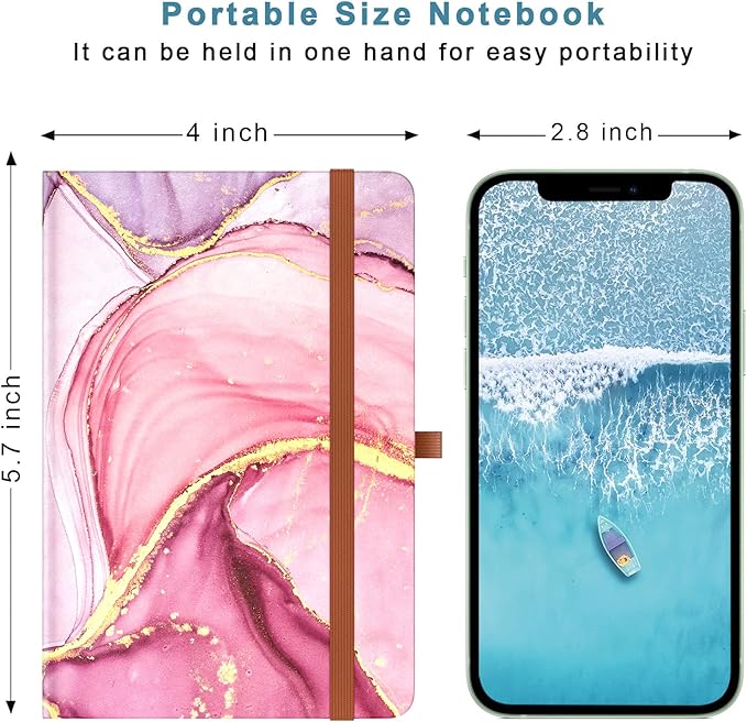 Small Notebook, Mini Pocket Journal A6 5.7" x 3.9", Leather Hardcover Journal with Pen Holder, 160 Thick Papers, Cute Lined Notebook Small Notepad for Women Writing Work Travel, Pink Marble