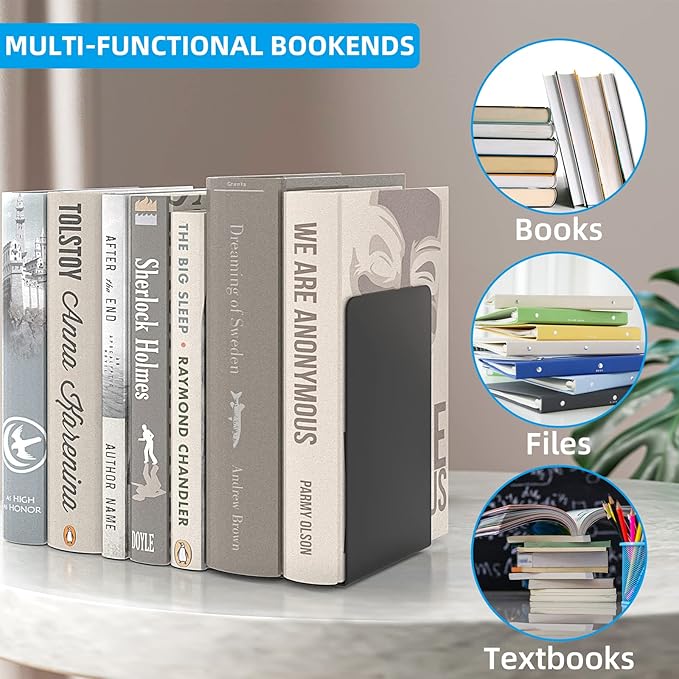 VFINE Bookend, Black Metal Book Ends, Book Ends for Shelves Heavy Duty Bookends, Bookend for Shelves, Book Ends for Heavy Books,Bookend Stopper, Black Bookends 3 Pairs