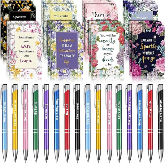 Funrous 32 Pcs Motivational Quote Pens Inspirational Notepads Mini Journal with Ballpoint Pen Small Notebooks Gift Set for Men Women Coworkers, Adult Party Favors Prizes Gift Bulk(Motivational)