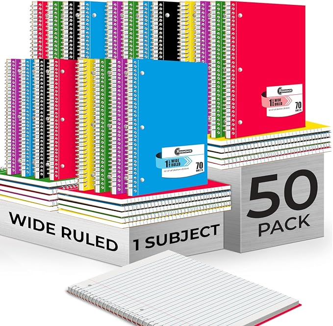 50 Pack, 1 Subject Spiral Notebook Wide Ruled Bulk, 140 Pages (70 Sheets), Thick No-Bleed Paper, 8 x 10-1/2", 3 Hole Punched, 1 Subject Spiral Notebook Bulk, Bulk Subject Notebook