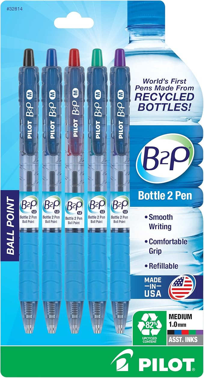 PILOT B2P - Bottle to Pen Refillable & Retractable Ball Point Pen Made From Recycled Bottles, Medium Point, Black/Blue/Red/Green/Purple Inks, 5-Pack (32814)