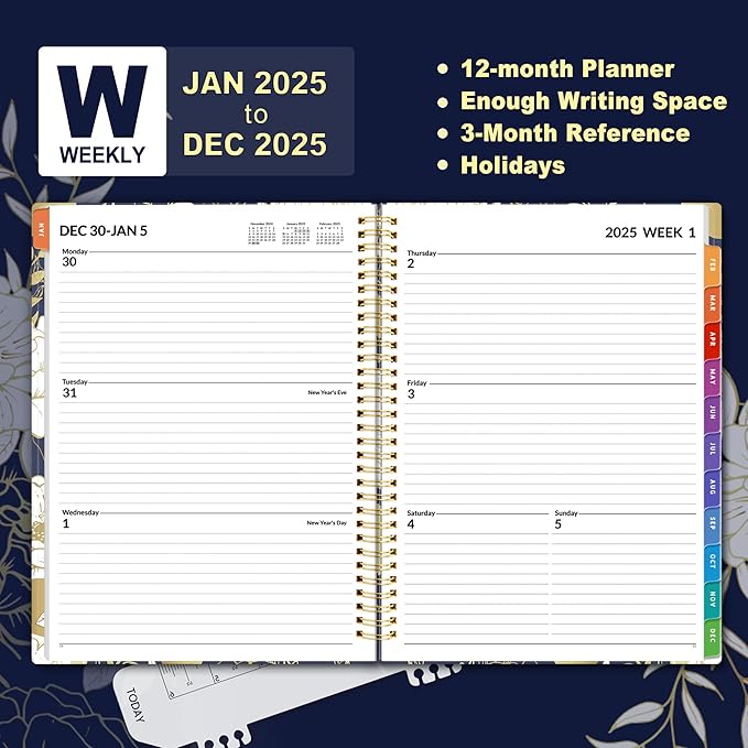 SUNEE 2025 Weekly and Monthly Planner - from January 2025 - December 2025, 8.5"x11" Daily Agenda Planner with Monthly Tab, Flexible Cover, Note Pages, Pockets, Bookmark, Spiral Binding, Dark Blue