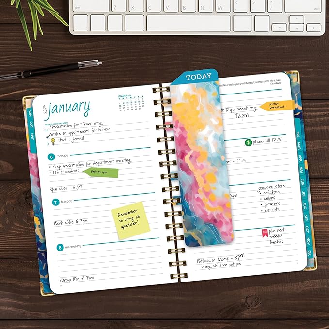 HARDCOVER 2025 Planner, 5.5"x8": 14 Months (November 2024 - December 2025), Daily Weekly Monthly Planner, Yearly Agenda, Bookmark, Pocket Folder and Sticky Note Set (Speckled Marble)