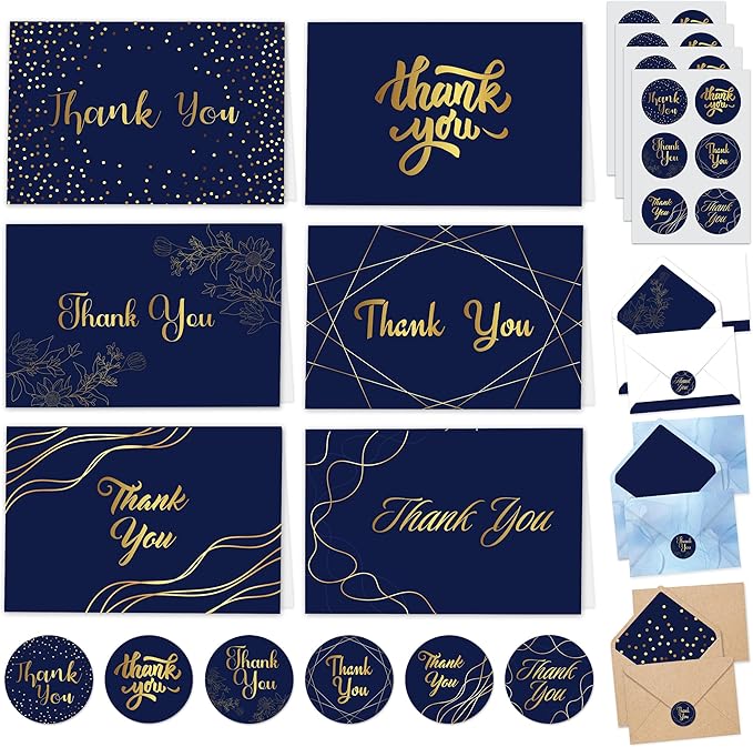Decorably 24 Pack Gold-Foiled 6x4in Blue and Gold Thank You Cards with Envelopes and Stickers, 24 Stylish Designs Navy Thank You Cards, Blank Inside - Birthday, Wedding, Anniversary