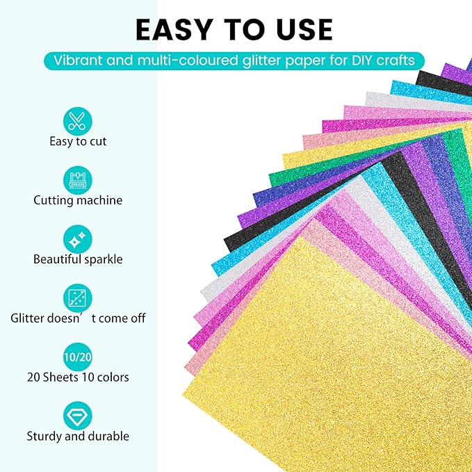 20 Sheets 300GSM HTVRONT Glitter Cardstock Paper - 10 Colors CardStock, A4 Colored Cards Glitter Paper for Craft, Birthday, Scrapbook, Wedding, Sparkly Card, Card Making (Glitter/20 Sheets)