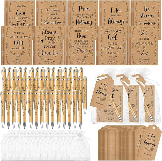 200 Pcs Bible Verse Sets Church Christian Gift Include 50 Scripture Notebooks 50 Bible Bamboo Pens 50 Thanks Tags 50 Organza Bags for Women Man Christian Party Gifts(Brown,Bible)