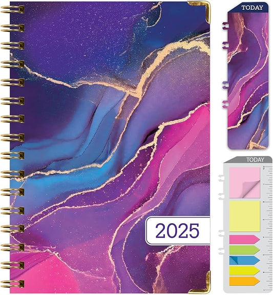 HARDCOVER 2025 Planner, 5.5"x8": 14 Months (November 2024 - December 2025), Daily Weekly Monthly Planner, Yearly Agenda, Bookmark, Pocket Folder and Sticky Note Set (Pink Purple Marble)