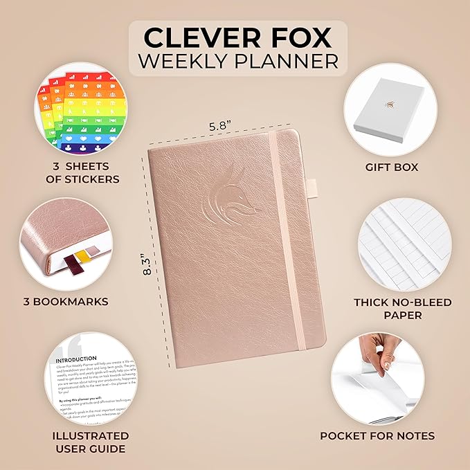 Clever Fox Dated Planner 2025-2026 – Weekly Life Planner Notebook for Goal Setting & Time Management – Planner with Habits Tracker, to-do List & Dated Pages – A5, Lasts 1 Year (Rose Gold)
