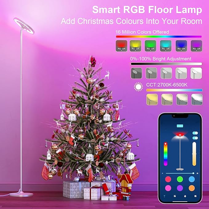 Keepsmile Silver Double Side Lighting LED Floor Lamp with Remote Smart App 36W 2600LM Bright Tall Standing RGB Floor Lamp Angle Multicolor Dimmable Modern Floor Lamps for Living Room Bedroom