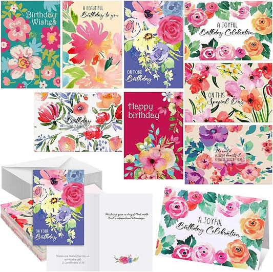 Zhanmai 80 Pack 4 x 6 Inch Religious Christian Birthday Cards Bulk with Scripture Assorted Bible Verse Designs Christian Blessings Birthday Cards with Envelopes (Watercolor Flower Style)