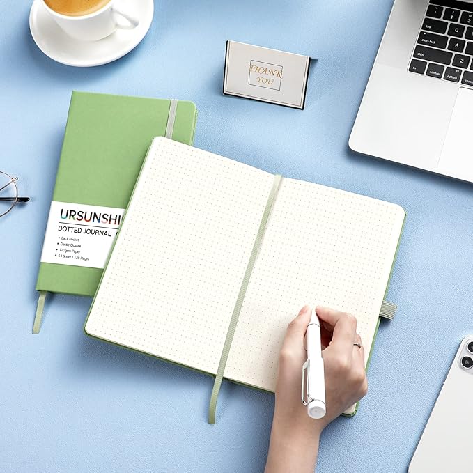 Dotted Journal/Notebook - Dot Grid Hard Cover Notebook, Premium Thick Paper with Fine Inner Pocket, Black Smooth Faux Leather, Pen Loop, 5.3'' x 8.26'' - Light Green