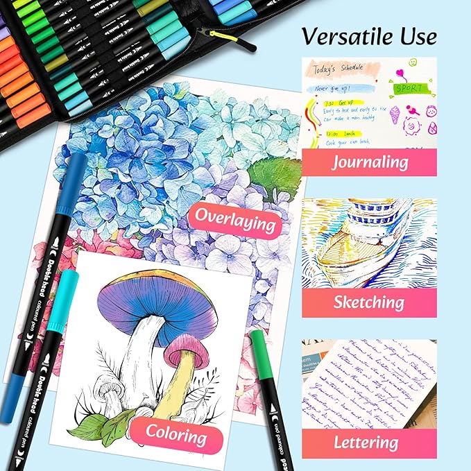 Markers for Adult Coloring Books, 72 Colors Art Markers Set Dual Tip Brush Pen, Coloring Marker Fine Point No Bleeding, Art Supplies for Calligraphy, Journaling, Sketching & Lettering with Case