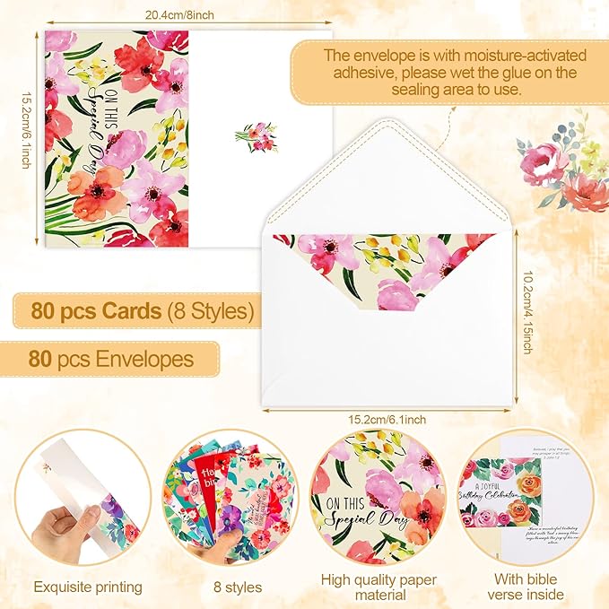 Zhanmai 80 Pack 4 x 6 Inch Religious Christian Birthday Cards Bulk with Scripture Assorted Bible Verse Designs Christian Blessings Birthday Cards with Envelopes (Watercolor Flower Style)