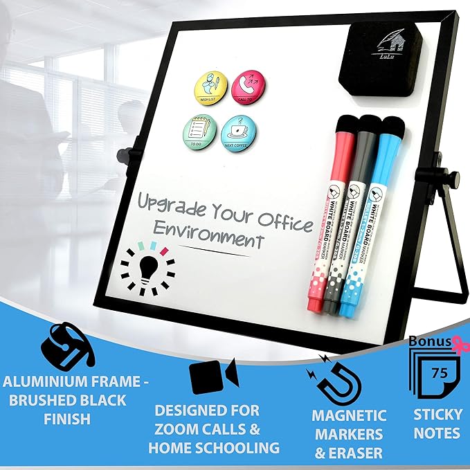Small Dry Erase White Board 10"X10"- Desktop Whiteboard Black Frame with Stand, 3 Markers, 4 Magnets & Eraser - Double-Sided Portable Mini to Do List White Board for Office Desk, Kids Home School