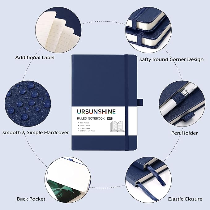 Ruled Notebook/Journal - Classic Lined Journal/Notebook, 5.3'' x 8.26'', Hardcover with Thick Paper, Banded + Pen Holder +Inner Pocket - Dark Blue