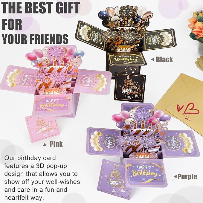 Surprise Pop Up Happy Birthday Cards, Lovely 3D Birthday Card for Adults and Kids with Envelopes, Unique Design Handmade Foldable Greeting Cards for Daughter, Son, Mom, Dad, Friend（Black）