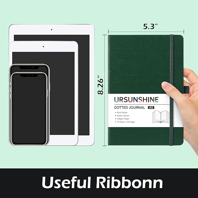 Dotted Journal/Notebook - Dot Grid Hard Cover Notebook, Premium Thick Paper with Fine Inner Pocket, Black Smooth Faux Leather, Pen Loop, 5.3'' x 8.26'' - Turquoise