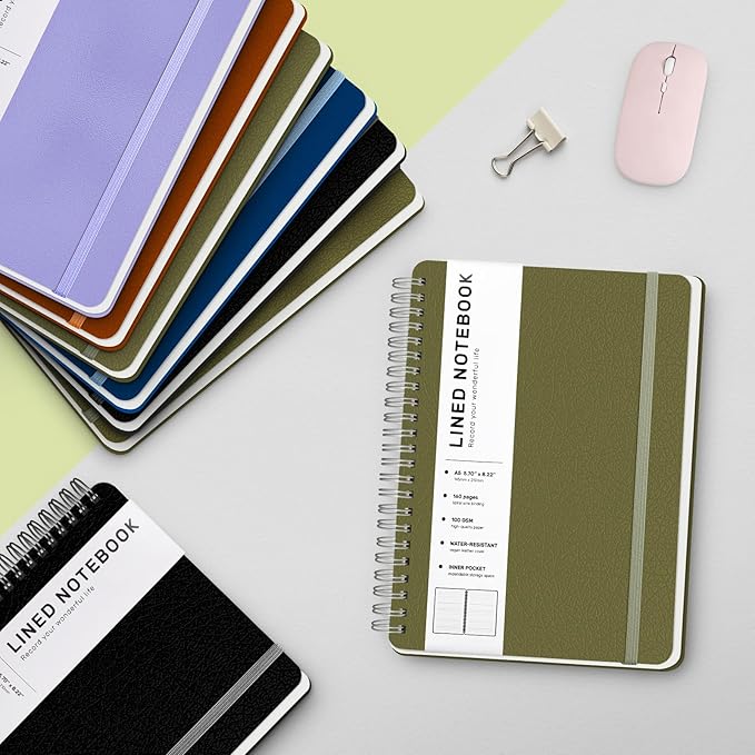 ABERLLS Green Lined Spiral Journal Notebook with 160 Pages, 8×5.7in, A5 Spiral Notebook, Journaling Notebooks for Work, School, Women, Men, College Ruled Spiral Notebook, Hardcover Leather Journals