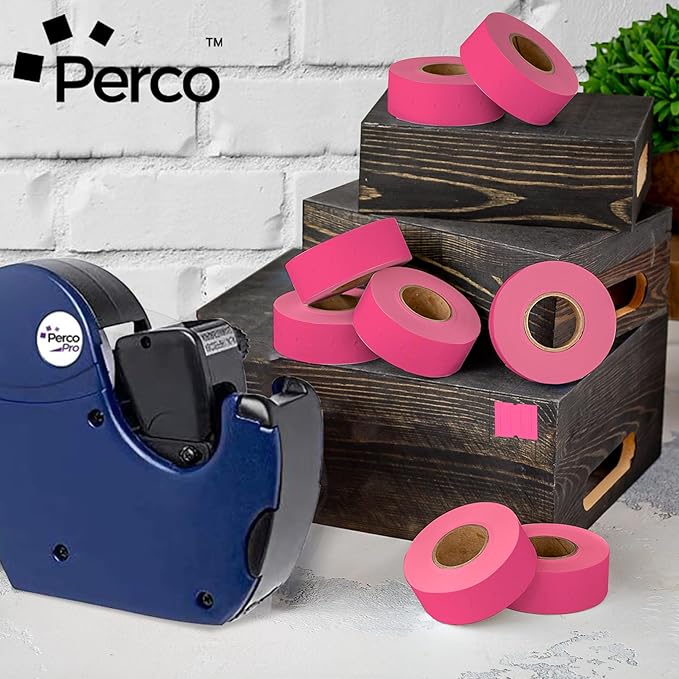 Perco 2 Line Fluorescent Pink Labels - 80 Rolls, 10 Sleeves, 80,000 Blank Price and Date Gun Labels for Perco 2 Line Price and Date Guns - Made in USA