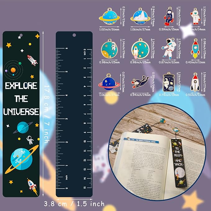 Christmas Space Theme Bookmarks with Metal Charms Planet Rocket Space Ship Theme Bookmarks Inspirational Quotes Bookmarks for Space Christmas Party Favors Gifts Kids Boys Girls Encourage(72 Pieces)