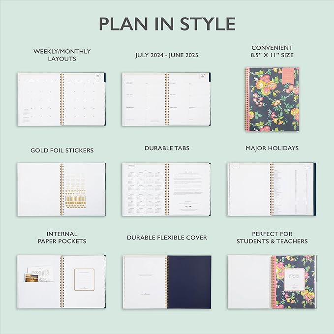 Blue Sky Day Designer for 2024-2025 Academic Year Weekly and Monthly Planner, 8.5" x 11", Flexible Cover, Wirebound, Peyton Navy (107924-A25)