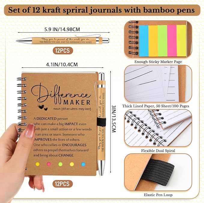 Jetec 12 Sets Bulk Employee Appreciation Gifts Bulk Inspirational Spiral Notebook with Note Ballpoint Pen Thank You Gifts for Volunteer Social Worker Nurse Staff Coworker Students (Difference Maker)