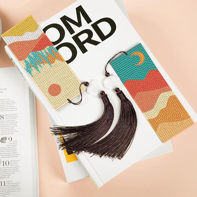 Anseal 3 Pcs 5D Diamond Bookmarks Painting for Book Lovers, PU Leather Fall Diamond Art DIY Bookmark for Women Girls, Tassel Beaded Book Mark for Graduation Birthday Reading Present