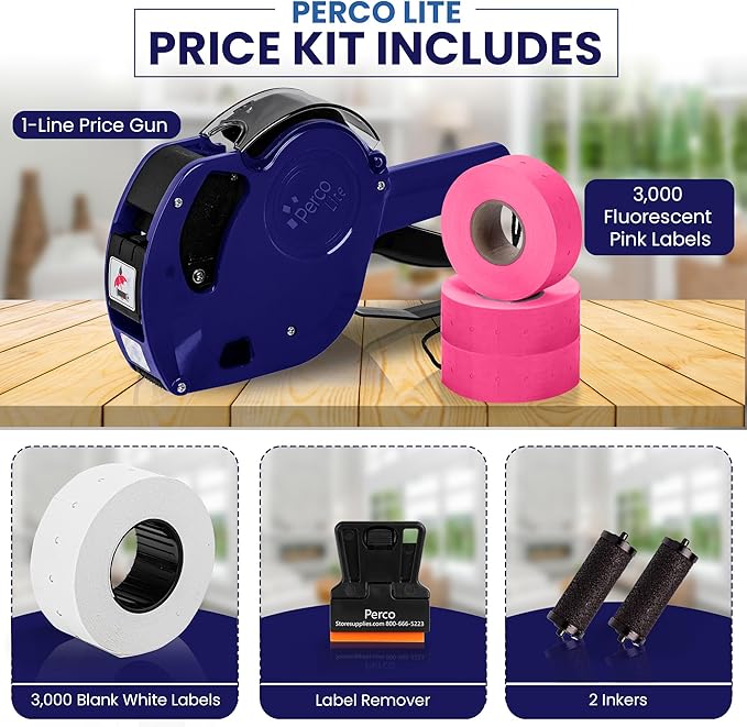 Perco Lite 1 Line Price Gun with Labels Kit - Includes 3 White Rolls, 3 Fluorescent Pink Rolls, 2 Ink Rollers, 1 Ink roll and Labels Pre-Loaded