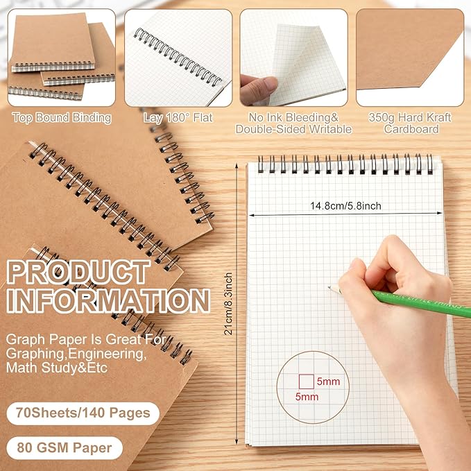 Graph Paper Spiral Notepad A5 Top Wirebound Notepad Grid Notebook Steno Pads Memo Notebook Grid Paper 140 Pages for Writing Sketching Drawing Office Supplies(Kraft,6 Pack)