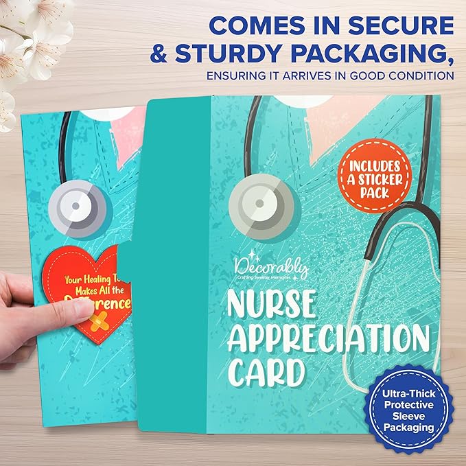 Decorably Gold Foiled 5x8in Individual Nursing Thank You Cards Set with Heart Cutout, Nurse Thank You Card Set with Envelope and Stickers, with Printed Message Inside - Nurse's Day
