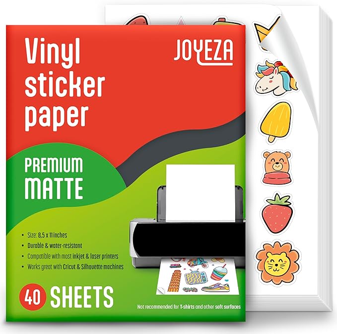 JOYEZA Premium Printable Vinyl Sticker Paper for Inkjet Printer - 40 Sheets Matte White Waterproof, Dries Quickly Vivid Colors, Holds Ink Well- Tear Resistant - Inkjet & Laser Printer