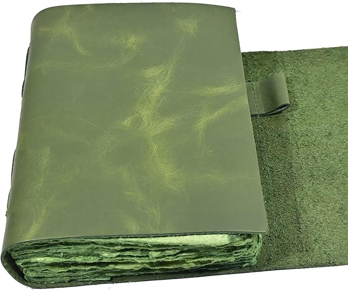 Vintage Green Leather Journal - 200 pages Deckle Edge Rustic Paper - Unlined Pages Book of Shadows, Grimoire, Junk Notebook, Fantasy Medieval Gifts, Sketchbook, Antique Scrapbook (Earthy Green, 9"x6")