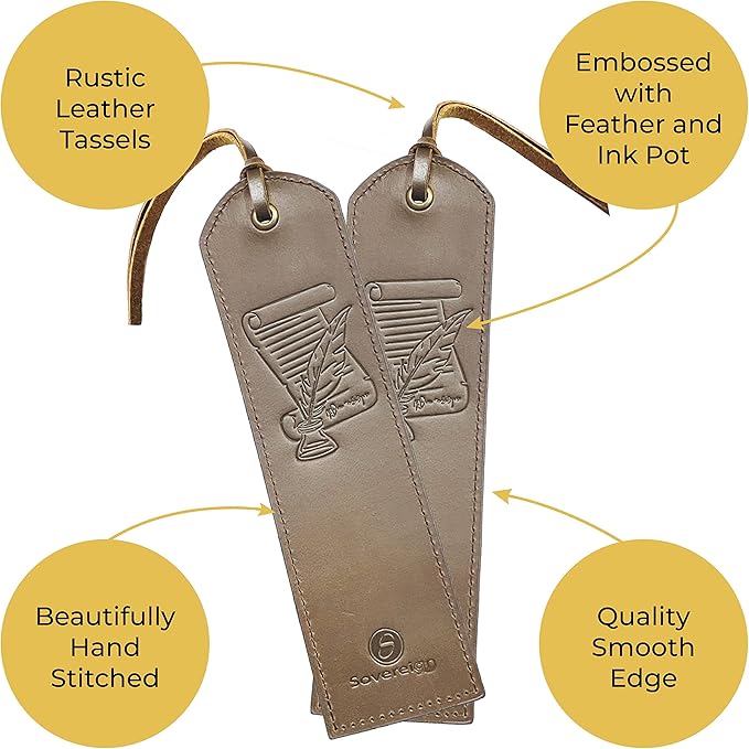 Leather Bookmarks for Men and Women | Quality Mens Bookmark with Scroll & Feather Quill | 2 Vintage Handmade Leather Book Markers for Men Women Book Lovers Readers (7x2) Leather Gift Sovereign-Gear
