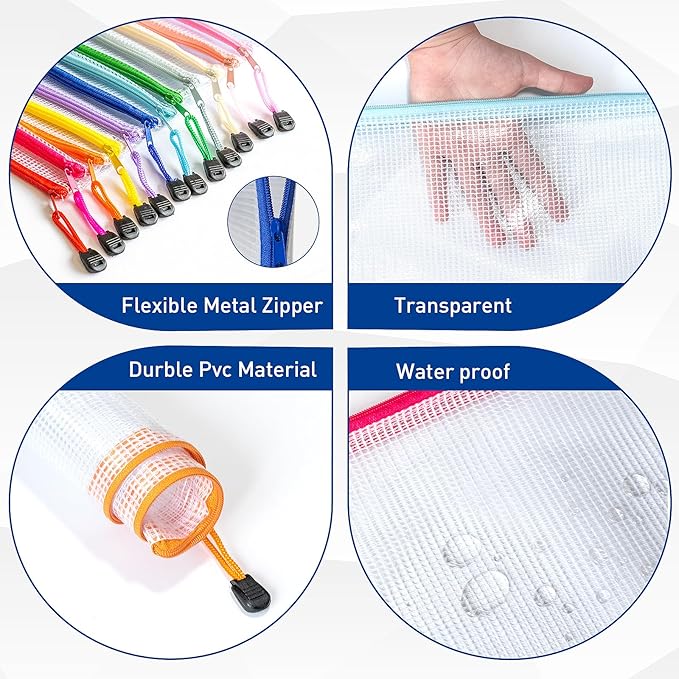 18pcs Mesh Zipper Pouch Bags, A4 Zipper Pouch, Mesh Bags With Zipper, Plastic Zipper Pouches, 9 Colors Zipper Pouches for Organizing, Board Game Storage, Travel, School Office organize