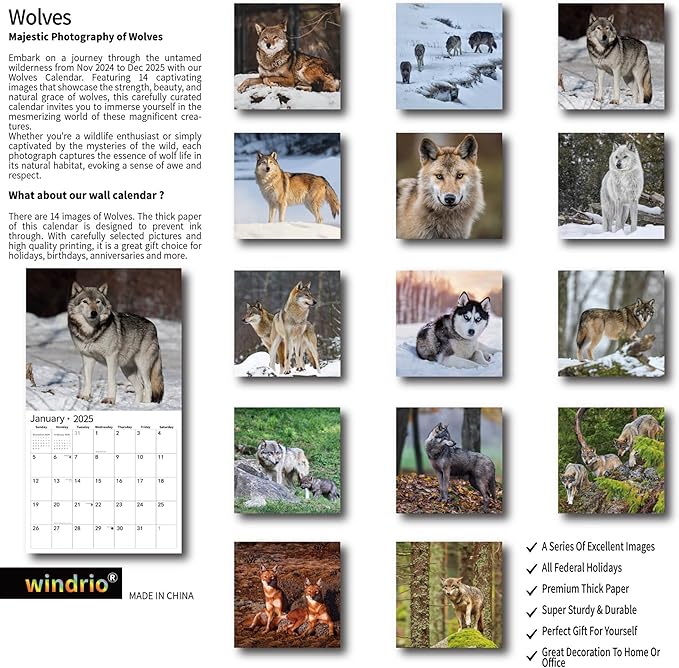 2025 Wall Calendar,Calendar 2025, November 2024 - December 2025, Wall Calendar Wolves, 12" x 24" Opened,Full Page Months Thick & Sturdy Paper for Calendar Organizing & Planning
