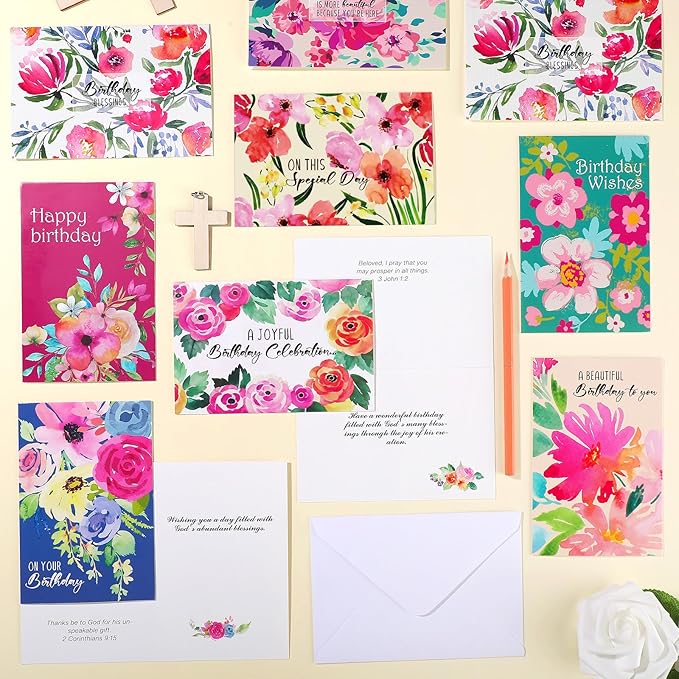 Zhanmai 80 Pack 4 x 6 Inch Religious Christian Birthday Cards Bulk with Scripture Assorted Bible Verse Designs Christian Blessings Birthday Cards with Envelopes (Watercolor Flower Style)