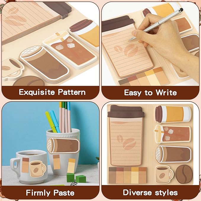 B1ykin Sticky Notes Set - Cartoon Theme Cute Self-Stick Notes Pad Teacher Appreciation Gifts， Self-Adhesive Writing Memo Pages Sticky to Do Notepad for Kids Employee School Office (Coffee Lovers)