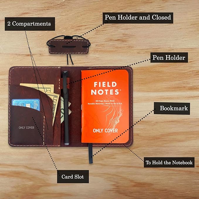 Thot Ra Leather Cover for Field Notes, Passport Cover, Leather Notebook Cover for 3.5" x 5.5" with Pen Holder, Only Cover (Shedron)