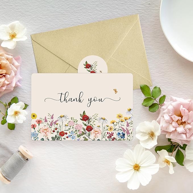 Artoid Mode 36 Pack Wildflower Thank You Cards Vintage Flower Greeting Cards Gift With Envelope Sticker Blank Note Cards for Birthday Wedding Baby Shower Bridal Shower, 4 x 6 Inch