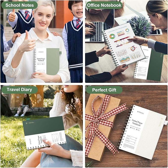 EMSHOI Spiral Notebook Bullet Dotted Journal, A5 Dotted Grid Notebook with 300 Pages, 100gsm Thick Paper, Waterproof Softcover Notebook for School Work Writing, 5.7" × 8.22" - Light Green