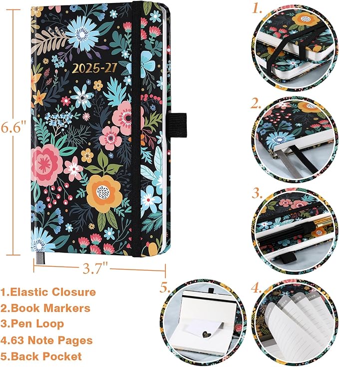 2025-2027 Pocket Planner/Calendar - Monthly Pocket Planner/Calendar with Pen Hold, Jan. 2025 - Dec. 2027, Inner Pocket and 63 Notes Pages, 6.6" x 3.7"