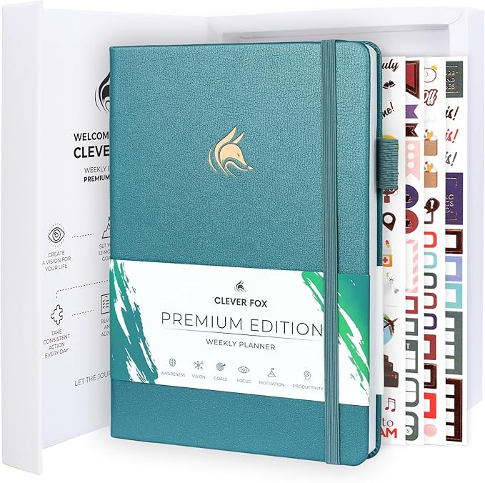 Clever Fox Planner Premium Edition – Undated Luxurious Weekly & Monthly Planner to Increase Productivity and Hit Your Goals – Organizer – Start Anytime, A5, Lasts 1 Year, Aquamarine (Weekly)