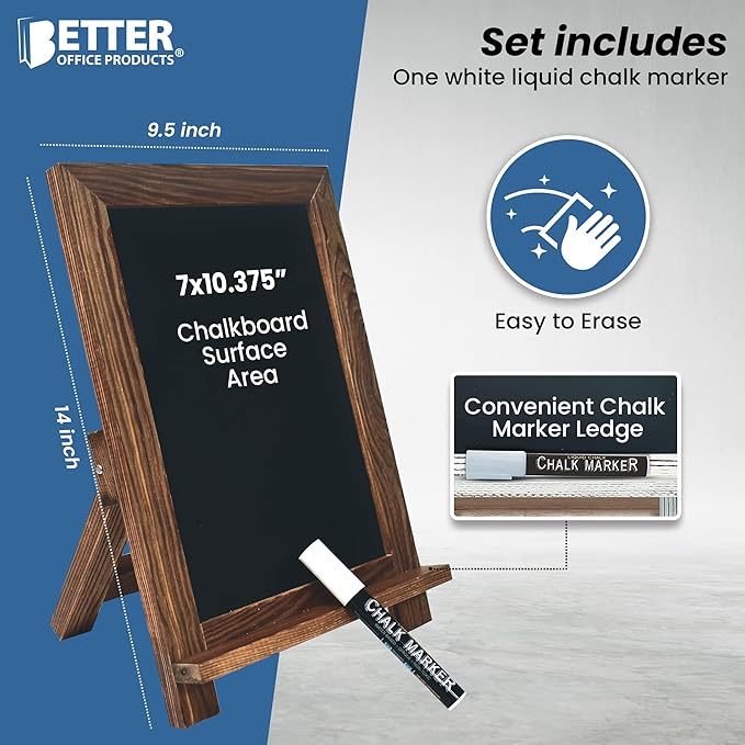 Better Office Products Framed Tabletop Chalkboard Sign, 9.5" x 14", Rustic Wood Frame, Small Magnetic Chalkboard, Built-in Ledge and Folding Stand, One White Chalk Marker Included,(Rustic Brown)