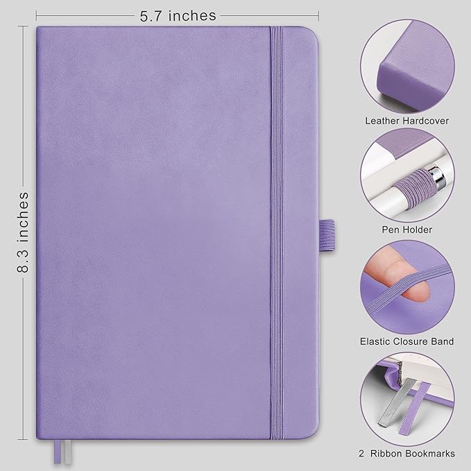 RETTACY Journaling Notebooks, A5 Lined Journal Notebook with 192 Numbered Pages, 5.7'' × 8.3'' Medium Size, for Writing, Work, Office, Leather Hardcover, 100 GSM Thick Paper (Purple)