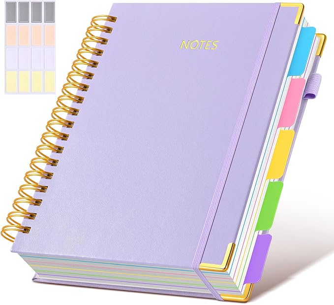 Hardcover Spiral Notebook journal with Removable Dividers Tabs, 300 Pages Leather 5 Subject Notebook College Ruled, 8"x10" Large B5 Notebooks for Work School Note taking,Lined Journal for Women,Purple