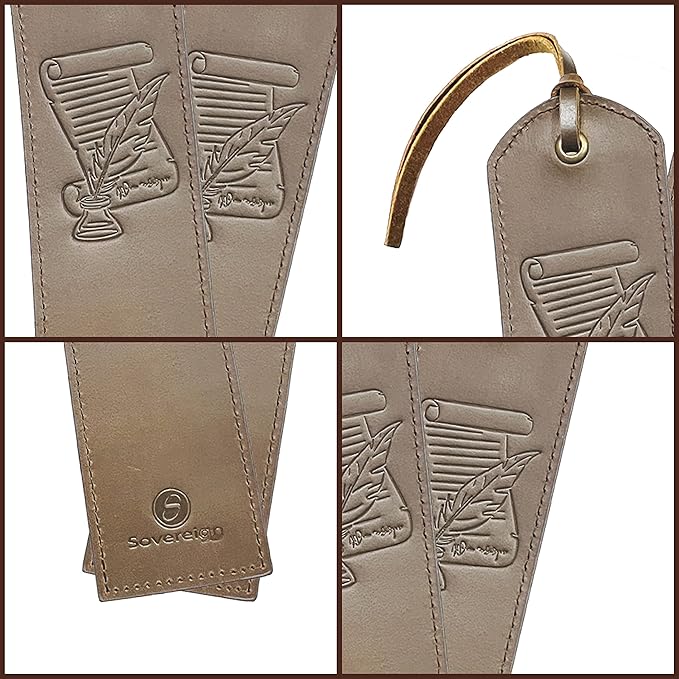 Leather Bookmarks for Men and Women | Quality Mens Bookmark with Scroll & Feather Quill | 2 Vintage Handmade Leather Book Markers for Men Women Book Lovers Readers (7x2) Leather Gift Sovereign-Gear