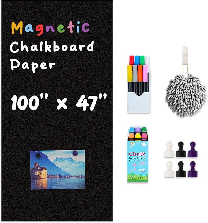 Large Magnetic Chalkboard Contact Paper for Wall 100" x 47" Self Adhesive Blackboard Wallpaper Peel and Stick Chalk Board Wall Decal Roll with Chalks for Kids Home Playroom Classroom